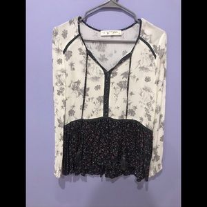 White floral blouse with Blue peplum